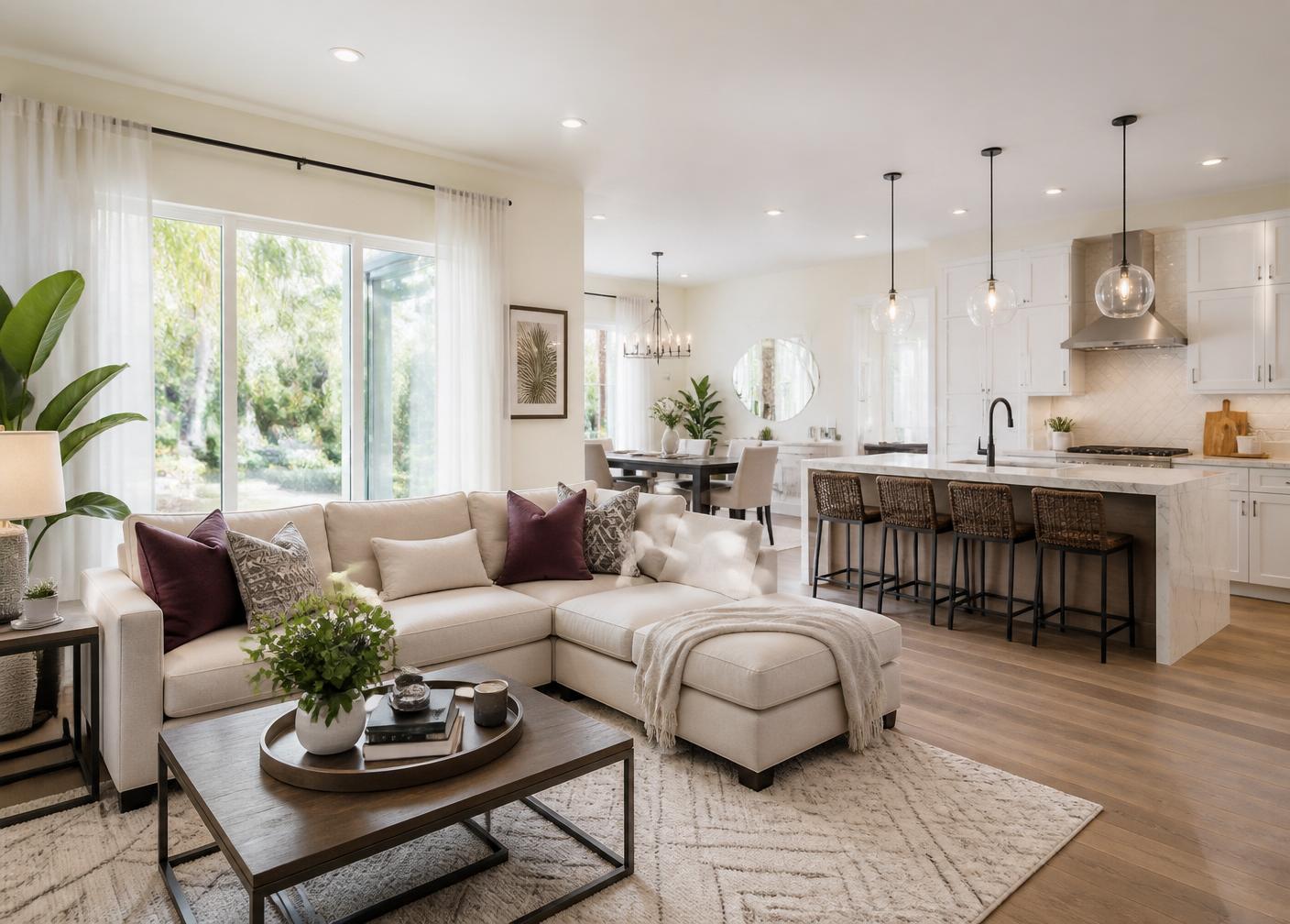 Bright, freshly cleaned living room and kitchen